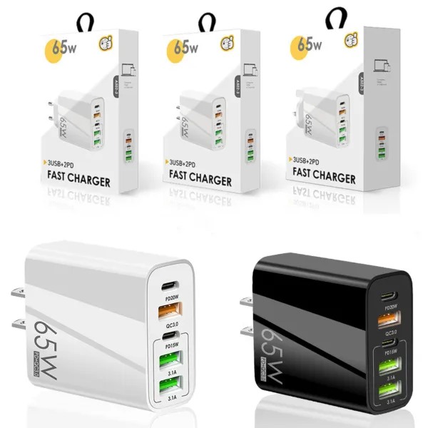 65W PD USB Tipo C Cargador Quick Charge 3.0 5 Puerto Adaptador de cargador de teléfono para iPhone 12 13 14 15 Pro Max Samsung Xiaomi Huawei Adaptador de teléfono US EU UK Plug with Box