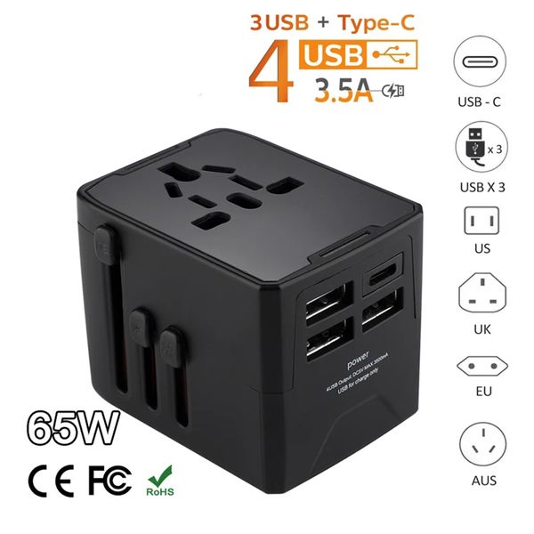 Adattatore da viaggio universale da 65 W Caricatore da viaggio all-in-one da 3,5 A con 3 porte USB e 1 caricabatterie da muro di tipo C per spina US EU UK AU