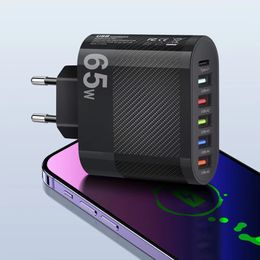 65W USB 6 Ports Adaptateur de téléphone portable à charge rapide 3.5A USB-C Type C Chargeur pour iPhone 15 14 13 Pro Xiaomi Samsung Oneplus QC 3.0 Adaptateur chargeur mural