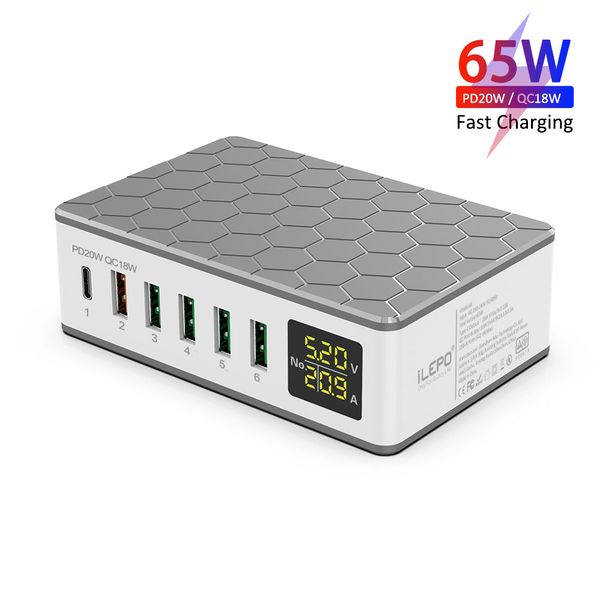 Estación de carga USB de 65 W con cargador PD de 20 W y cargadores rápidos QC3.0 de 18 W compatibles con tabletas, teléfonos y más