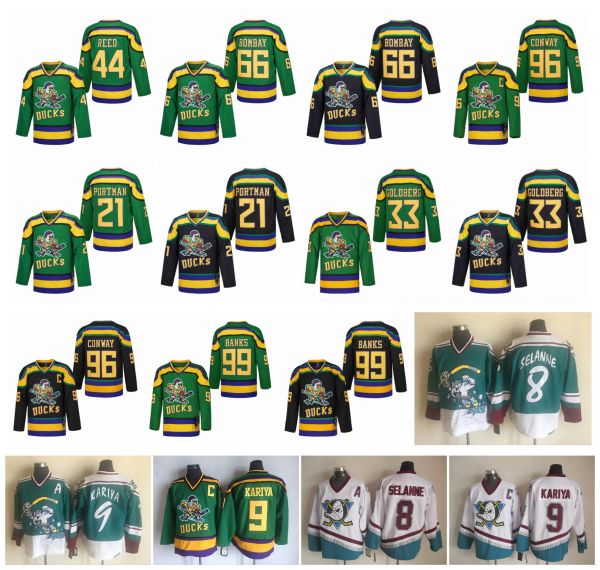 66 Gordon Bombay 96 Charlie Conway Mighty Duck Película Hockey Jerseys 99 Adam Banks 44 Fulton Reed Dean Portman Teemu Selanne Paul Kariya Greg Goldberg Green