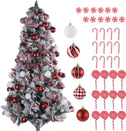 66 piezas de adornos clásicos de bolas de Navidad rojas y blancas y bastones de caramelo, decoraciones para árboles de Navidad para decoración colgante de árbol de Navidad