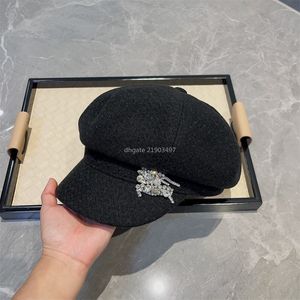 Bérets Design avec strass pour femmes, chapeau de couleur noire, à la mode, de luxe, décontracté, décoration, chapeaux élégants, casquette en Tweed, hiver 662244, 2023