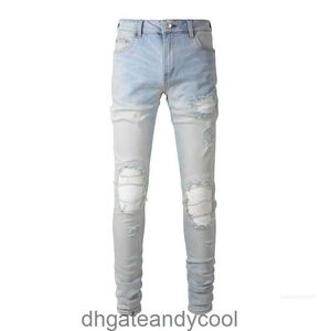 6624 High Mens Denim Amirres Jeans Street Designer Pantalon Homme Automne Marque de mode Couleur claire Lavage à l'eau Trou blanc Patch Stretch Slim Fit O0OG