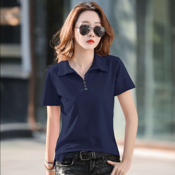 6658_ 1 T-shirt à manches courtes et col POLO en coton pour femme, vêtement d'extérieur minimaliste, bas de chemise, nouvelle coupe ajustée et amincissante, couleur unie, été