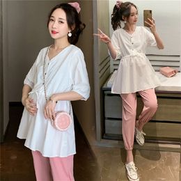 6665# Summer White Cotton Maternity Blouses Drawstring Slim Waist Loose Shirts Clothes for Pregnant Women Pregnancy Tunic Tops LJ201123