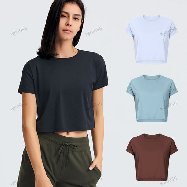 66LU1u nouveau Yoga pour femmes Align couleur ronde unie sport nu façonnant la taille serré Fitness jogging ample vêtements de sport T-shirt en coton mélangé de haute qualité pour femmes