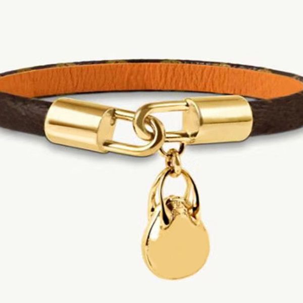 66scharm Bracelets Mode Classique Plat Marron Marque Designer Bracelet En Cuir pour Femmes et Hommes Métal Serrure Tête Charme Bracelets