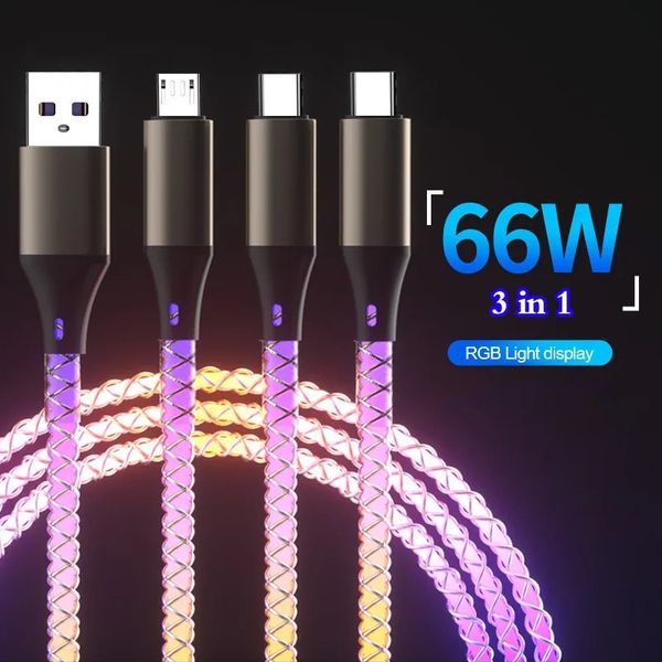 66W 3 en 1 RGB Light Charge rapide Type C Câble 6A Micro USB C Éclairage Câble de chargeur rapide Cordon de téléphone pour Xiaomi Samsung S24 LG Huawei