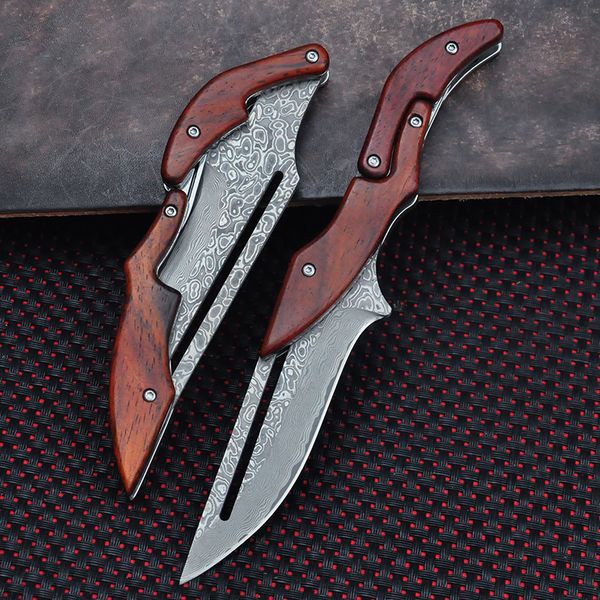 Cuchillo plegable mecánico de caza táctica, Navajas de bolsillo de acero damasco VG10 de 67 capas, hoja fija, herramientas EDC de supervivencia para acampar al aire libre