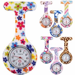 68 Modellen Verpleegkundige camouflage Zebra Leopard Flower Printing Pocket Pocket Watch Fashion Women Dames Doctor Pin Lady Rubber Watches