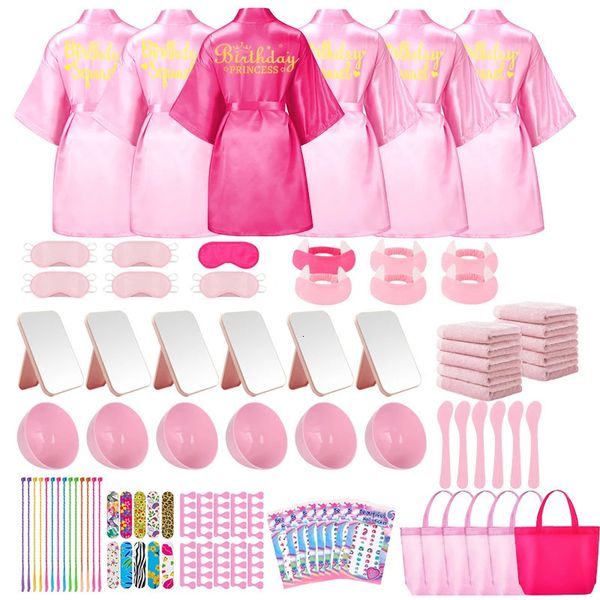 6810 set Birthday Princess Robes Spa Party Party Robe For Girls Kids Favors Kimono Satin Pink Sleepover 240407