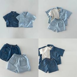 6856 Coréen Children Clothing Set 2023 Summer Boys Denim Suit ShortSleeved Shirts Girls Casual Girls Two Piece 240318