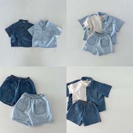 6856 Koreaanse kinderen Kledingset 2023 Zomer New Boy's denim shirt met korte mouwen +shorts Casual Girl's tweedelige pak L2405 L2405