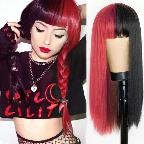 68 cm Synthétique Cosplay Perruque Avec Frange Simulation Perruques de Cheveux Humains Postiches pour Noir et Blanc Femmes Mélanger Couleur Perruques 011 #