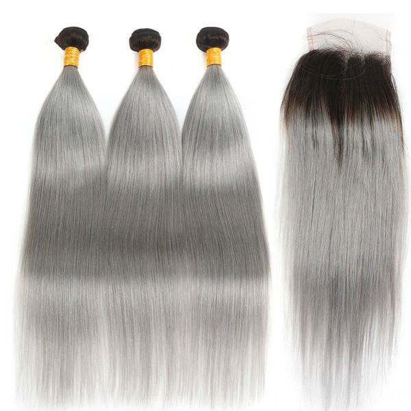 Tejido de cabello gris brasileño 3 paquetes con cierre de encaje Extensiones de cabello Ombre gris plateado con cierre 1B Gris sedoso recto