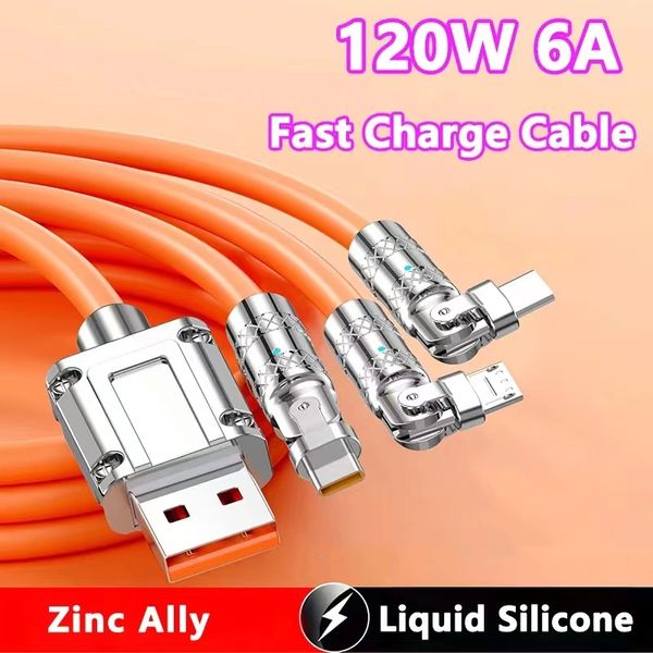 Cable de carga rápida 6A 3 en 1 Rotación de 180 grados 120W Carga súper rápida Cable micro USB tipo C Silicona líquida para Xiaomi Samsung S24 Huawei LG Android