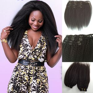 Maleisische Braziliaanse Virgin Haar Coarse Yaki Rechte 7pcs / Set Kinky Rechte Clip in Menselijk Hair Extensions Beste Haarproducten