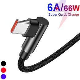 Câble 6A USB Type C 90 degrés Elbow 66W Cordon de chargeur de charge rapide pour Xiaomi Poco F3 F4 Huawei Redmi Realme Oppo Mobile Phone Wire