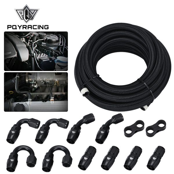 6AN AN6 raccords de carburant d'huile extrémité de tuyau 0 + 45 + 90 + 180 degrés Kit d'adaptateur d'huile AN6 ligne de tuyau de carburant d'huile tressée 5M noir avec pinces PQY-OFK65BK