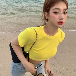 6 Candy Kleuren Zomer Koreaanse Stijl Korte Ontwerp Mouw T-shirt Sexy Womens Tops Tees Shirt Femme (R98106) 210508