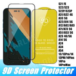 Protector de pantalla 9D de vidrio templado con pegamento completo 9H para iPhone 15 14 Pro Max 13 12 11 XS XR X 8 Samsung S23 S22 S20 FE S21 Plus A53 A73 5G A03 CORE A21S A04 A14 A34 A54 5G