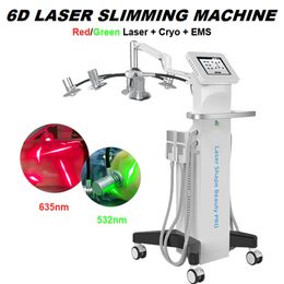 Professionnel 6D Lipo Laser Slemage Equipment cryo plaque EMS Fat Freeze Perte de poids Corps Skin Corps Sinmer Machine de beauté 532 nm Green Laser 635 Nm Laser rouge pour l'option