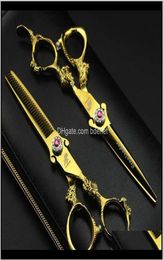 6Dot0 2 Unids Sharp Dragon Handle Gold Barber Hair Scissors Set Salón Corte Tijeras para adelgazar Peluquería Dientes Planos Hoja Sq6216P288175865