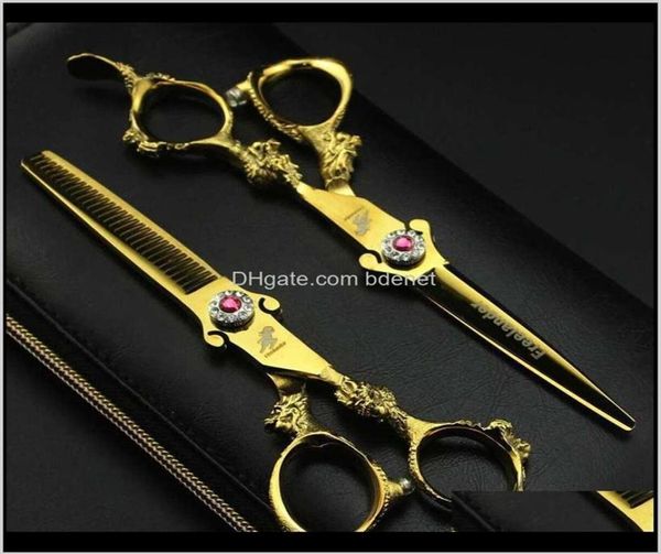 6Dot0 2 Unids Sharp Dragon Handle Gold Barber Hair Scissors Set Salón Corte Tijeras para adelgazar Peluquería Dientes Planos Hoja Sq6216P286291995