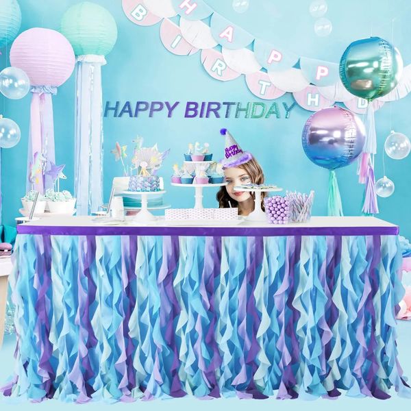 Falda de mesa de tul con unicornio sirena de 6 pies, decoración de sauce rizado, tela de trapo con tema colorido para decoración de cumpleaños, fiesta de boda, 240112