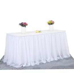 Falda de mesa de tul blanco de 6 pies, mesas redondas rectangulares, tela con volantes de tutú para boda, despedida de soltera, suministros de cumpleaños 231225