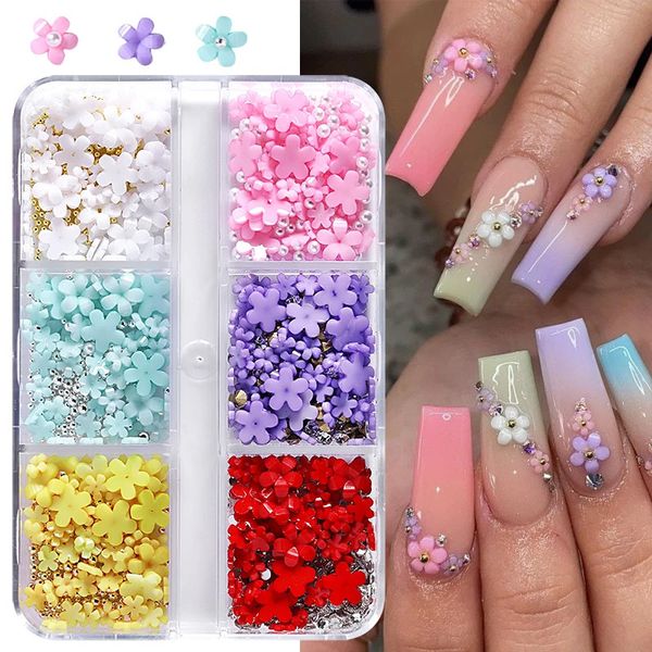 6GRIDS Fleur acrylique 3d Nail Art Decorations Resin Charms Gold Perles Caviar Pearl Mixed Accessories S Manucure 240425