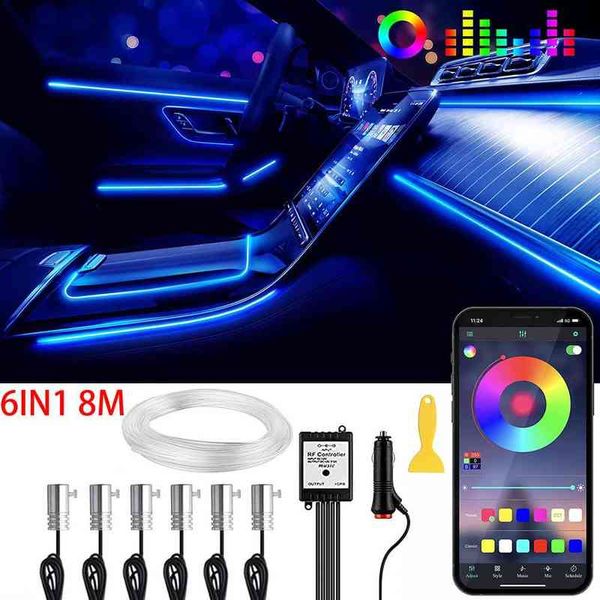 6IN1 8M Néon LED Bande Intérieur De Voiture Lumière Ambiante App Contrôle De La Musique RVB Fibre Optique EL Fil LED Atmosphère Automatique Lampe Décorative Y220708