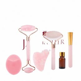 6in1 Outils de soins de la peau du visage Jade Roller Rose Quartz Naturel Ste Gua Sha Kit de massage du visage pour le nettoyage du visage Anti-rides J23c #