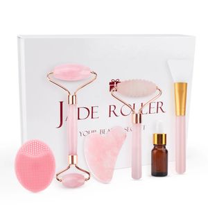 Outils de soins de la peau 6in1 pour le visage Jade Rose Rose Quartz Naturel Stone Gua Sha Massager Kit pour le nettoyage de lifting du visage anti-rides 240407