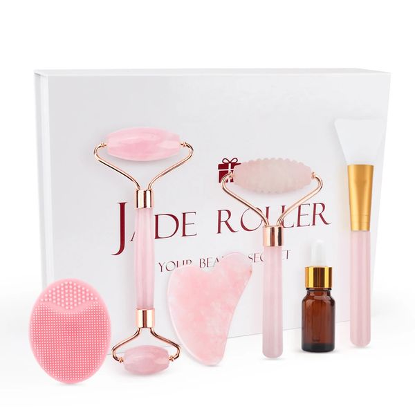 Herramientas de cuidado de la piel de 6in1 Face Jade Roller Rose Quartz Natural Stone Gua Sha Massager Kit para limpieza de estiramiento de la cara Anti-Wrinkle 231227