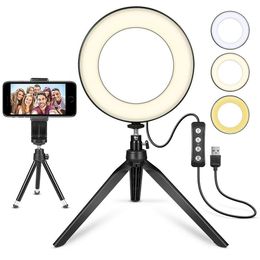 Anillo de luz LED de 6 pulgadas con soporte de trípode para teléfono, luz de relleno para Selfie, trípode para teléfono, lámpara de anillo regulable para estudio de fotografía en vivo de YouTube