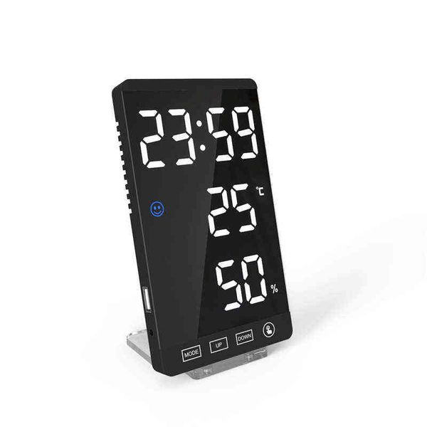 6 pouces miroir LED réveil bouton tactile horloge LED numérique temps température humidité affichage avec câble USB horloge de table 211111