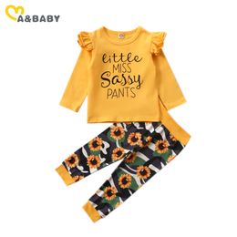 6M-4Y Infant Toddler Kid Filles Fleur Vêtements Ensemble Automne Printemps À Manches Longues Lettre Top Camo Tournesol Pantalon Tenues 210515