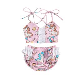 6m-4y zomer cartoon eenhoorn kind baby meisje badpak ruches bikinis set bloem badmode kind beachwear badpak 210515