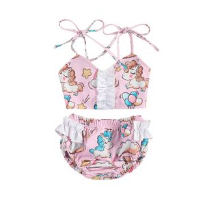 6M-4Y été dessin animé licorne enfant bébé fille maillot de bain volants Bikinis ensemble fleur maillots de bain enfant maillots de bain maillot de bain 210515