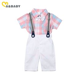 6m-4y zomer peuter babykleding kind jongen kleding set formele gentleman pak plaid romper algemene broek outfits kostuums 210515