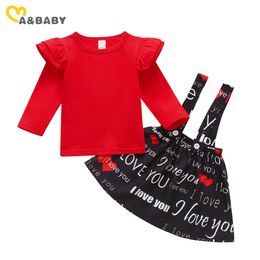 6m-4Y Journée de la Saint-Valentin bébé bébé enfant enfant fille girl Vêtements rouges Ensemble de volants à manches longues T-shirt T-shirt Love Letter Skirts Outfit 210515