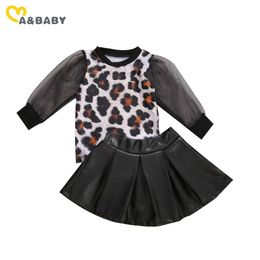 6M-5Y, conjunto de ropa para bebés y niñas pequeñas, Tops de leopardo de encaje de otoño, faldas de cuero Pu, trajes, disfraces para niños 210515