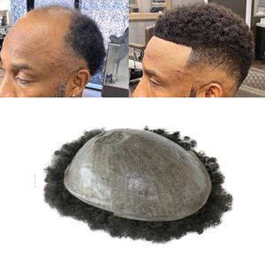 Toupet Afro bouclé de 6mm pour hommes noirs, systèmes de cheveux humains afro-américains de remplacement, toutes les perruques en Poly peau PU injectées pour hommes