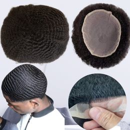 6mm Afro Wave Toupetje #1b Zwarte Kleur Menselijk Haar Vervanging Full Lace Unit voor zwarte mannen