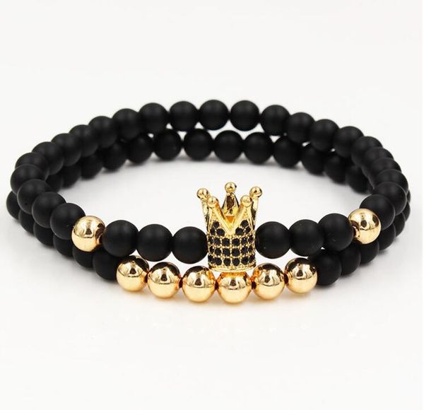 Bracelet en zircone cubique de 6mm, bijoux en perles, tête de mort, croix, couronne, pierre naturelle noire givrée
