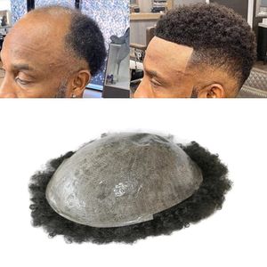 Perruque toupet bouclée de 6MM pour hommes, postiche de cheveux humains européens, système de remplacement, afro-américain, peau fine en PU #1 noir de jais, 10x8 pouces