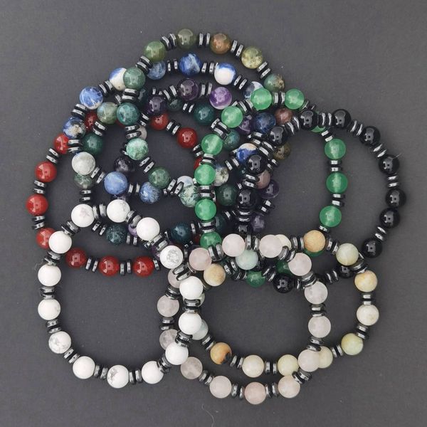 Pulseras elásticas con cuentas redondas de piedras preciosas de 6MM para mujeres y hombres, brazalete de cuentas de piedra de hematita Reiki con energía de cristal de Chakra curativo