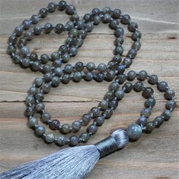 6mm Labradorite 108 Kralen Mala Knot Ketting Chakra Retro Klassiek Tibetaans Spiritua Polsband Meditatie Gebed Mala